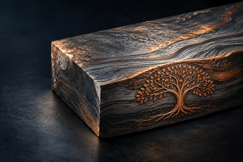 A copper tree embossed into layered forged steel, representing strength and growth