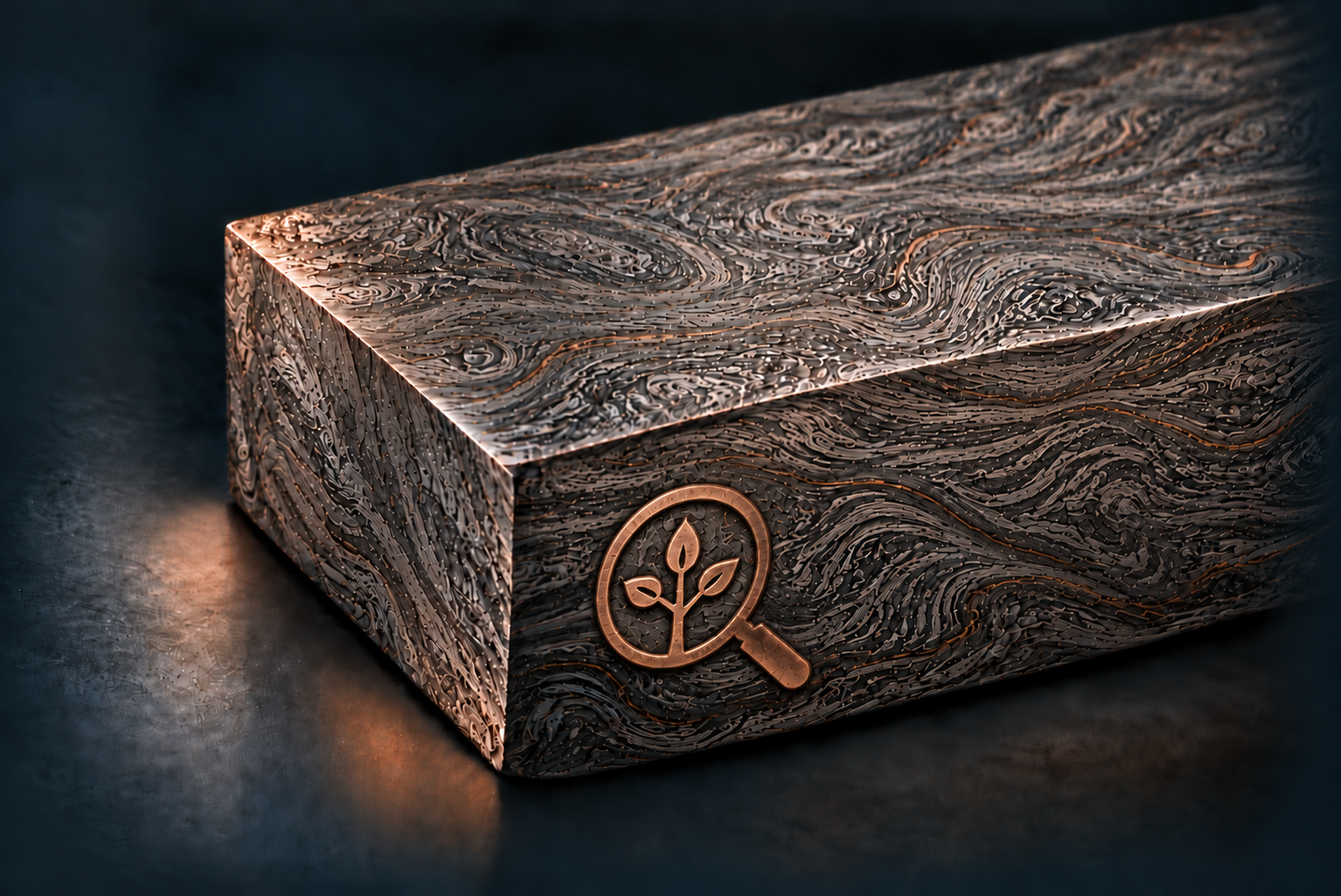 Fine Damascus steel ingot with an embossed copper magnifying glass and branching tree, representing business diagnosis.