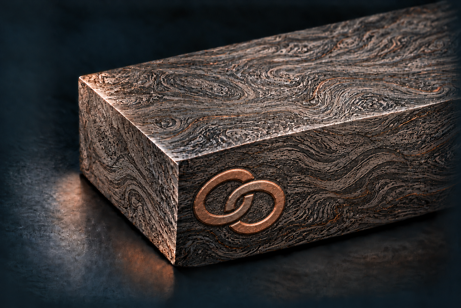 Fine Damascus steel ingot with two embossed copper links, representing advisory partnership.
